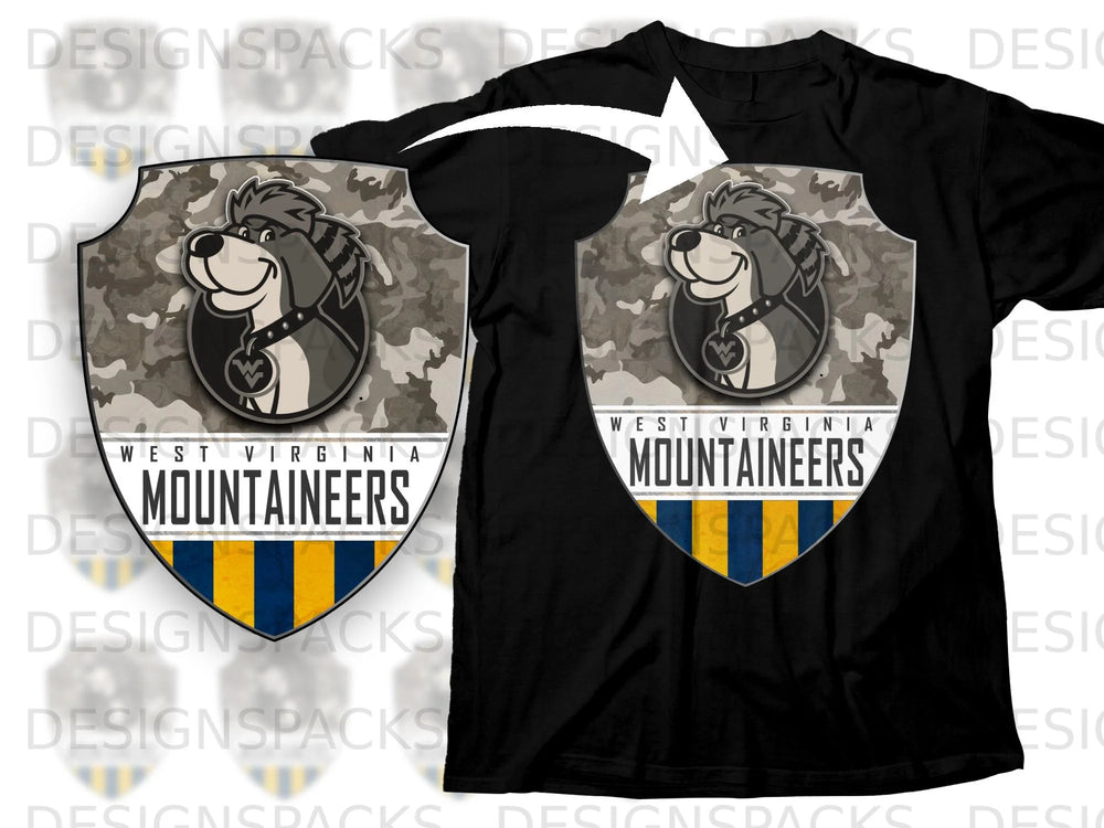 West Virginia Mountaineers logo with cartoon dog on black t-shirt.