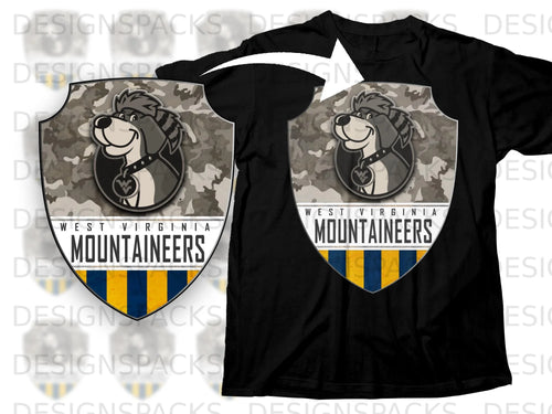 West Virginia Mountaineers logo with cartoon dog on black t-shirt.
