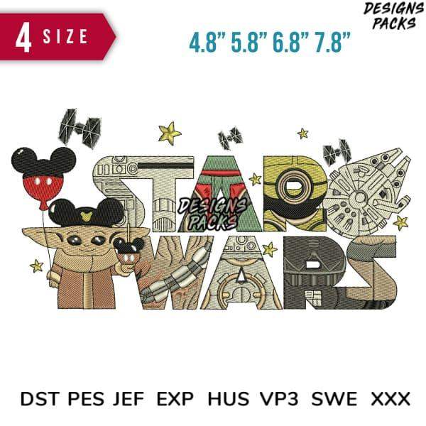 Star Wars embroidery design with Baby Yoda, Mickey Mouse, Millennium Falcon, and TIE fighters in 4 sizes, DST PES formats