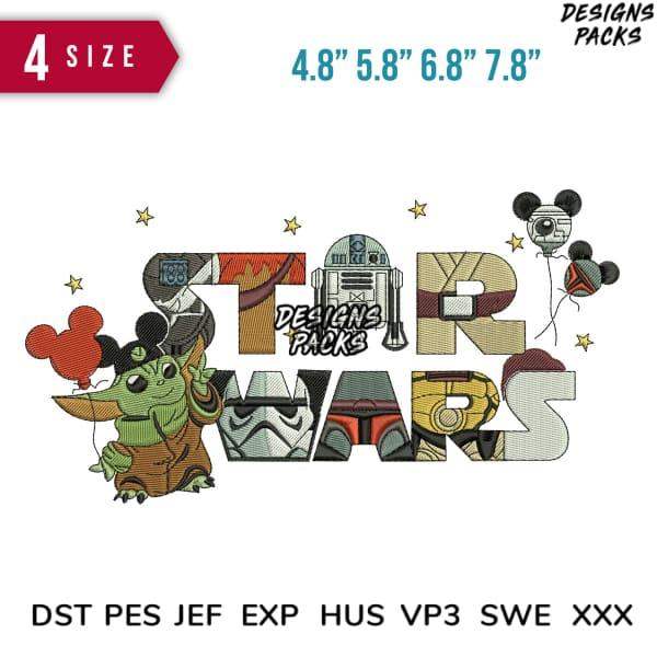 Star Wars embroidery design with Yoda, R2-D2, Stormtrooper, and Mickey balloons in 4 sizes, PES DST formats