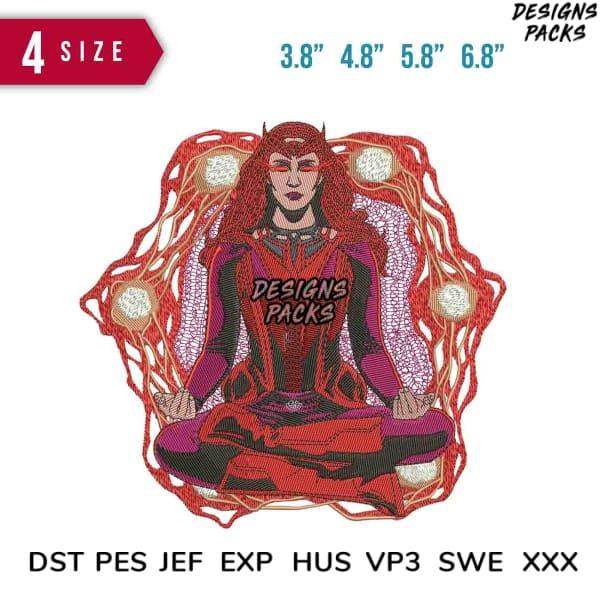 Scarlet Witch embroidery design in lotus pose with energy aura, available in 4 sizes & multiple file formats