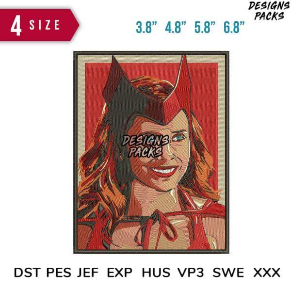 Embroidery design of smiling woman in red outfit, available in 4 sizes & formats like PES, DST, EXP for instant download