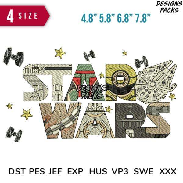 Star Wars embroidery design with ships and stars, available in 4 sizes and multiple file formats