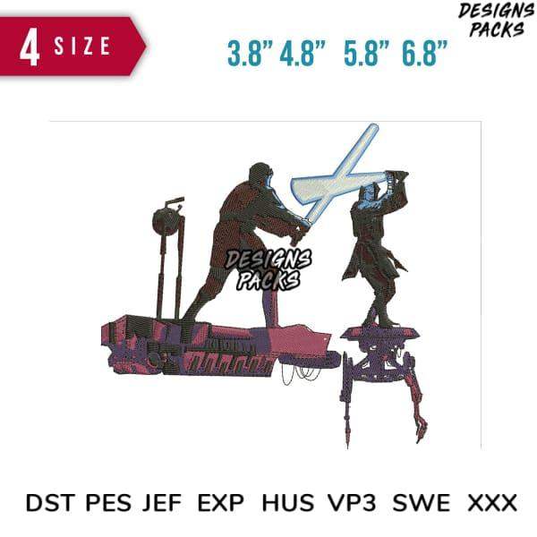 Star Wars lightsaber duel embroidery design in 4 sizes, compatible with DST, PES, JEF formats for instant download
