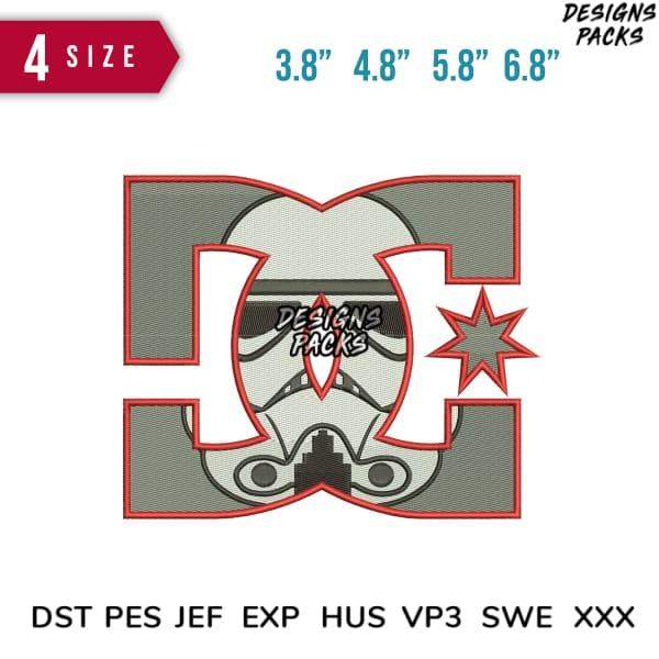 Stormtrooper helmet embroidery design in 4 sizes, compatible with DST PES JEF formats for machine embroidery projects.