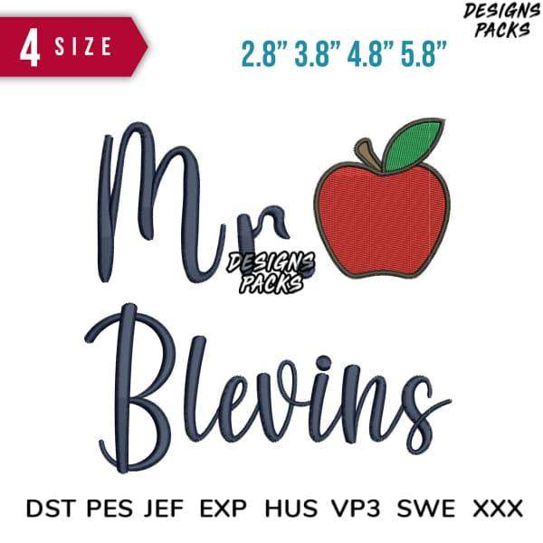 Mr Blevins embroidery design with red apple, 4 sizes, DST PES JEF formats for teachers