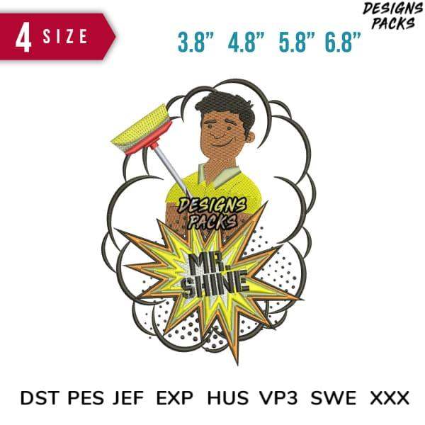 Mr. Shine cleaning design in 4 sizes, embroidery formats DST PES JEF EXP for instant download