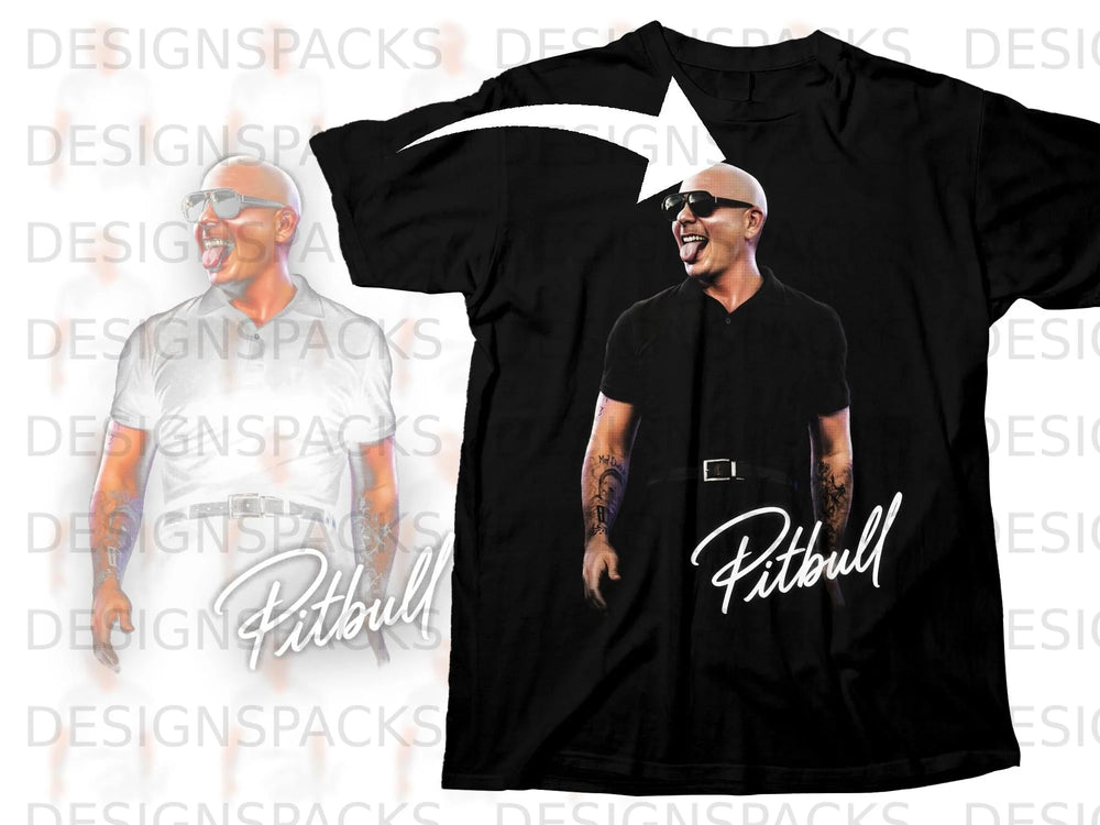 Black t-shirt with Pitbull graphic and white text.