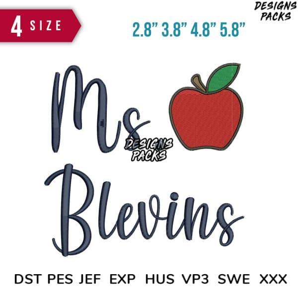 Ms Blevins embroidery design with red apple, 4 sizes, DST PES JEF formats for instant download