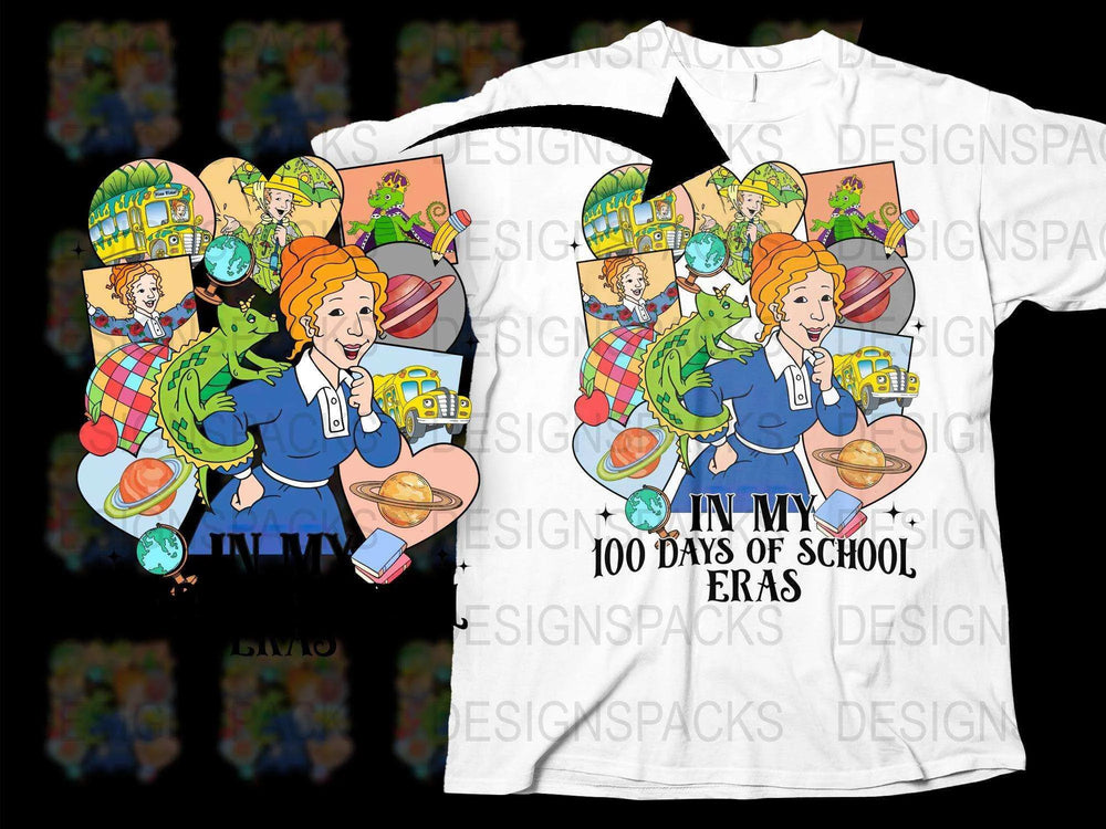 Kids School T-Shirt, 100 Days of School Celebration, Colorful Cartoon Teacher and Students Design, Unisex Children's Tee