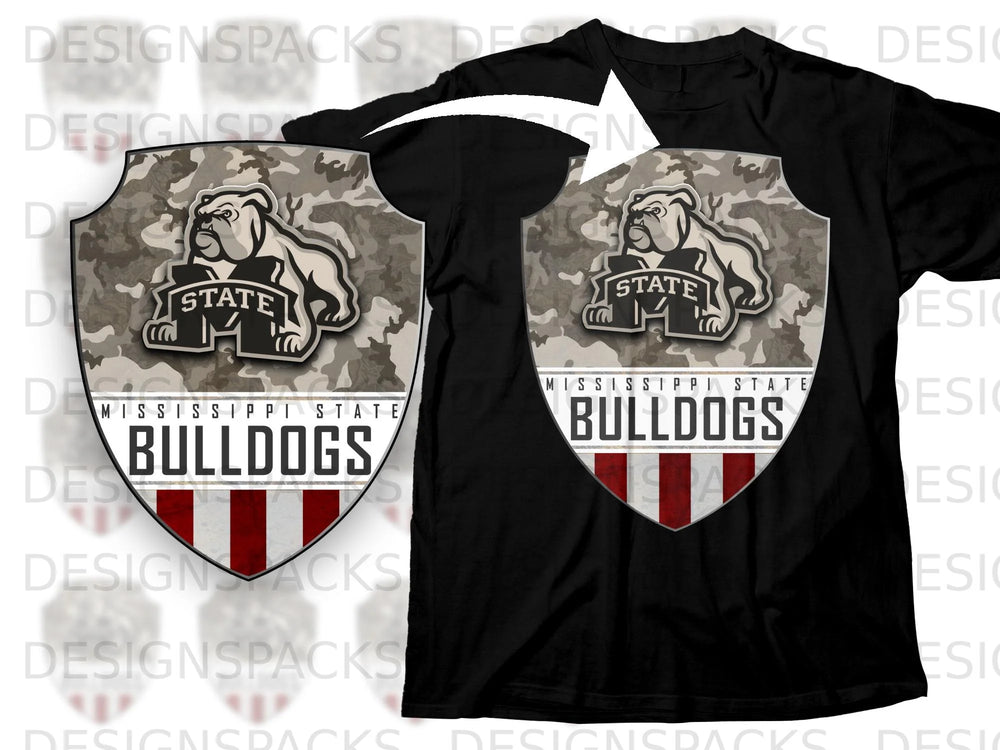 Mississippi State Bulldogs shield graphic with bulldog on black t-shirt.