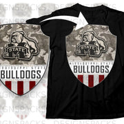 Mississippi State Bulldogs shield graphic with bulldog on black t-shirt.