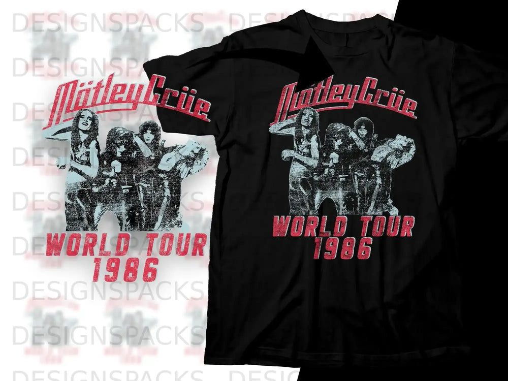 Mötley Crüe World Tour 1986 black t-shirt design.
