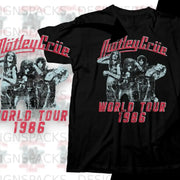 Mötley Crüe World Tour 1986 black t-shirt design.