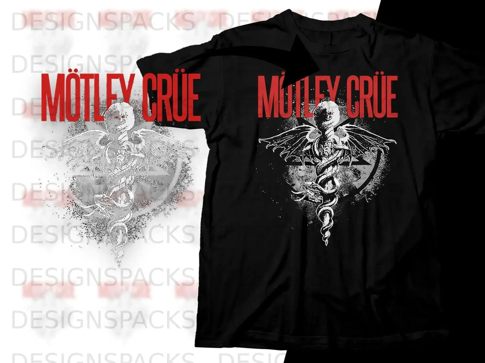 Motley Crue logo with a skeleton and wings on a black t-shirt.