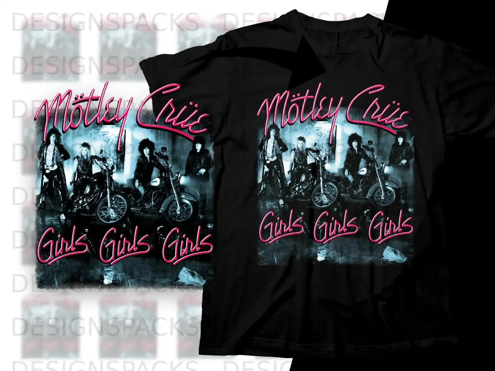 Mötley Crüe "Girls, Girls, Girls" t-shirt graphic with band on motorcycles.