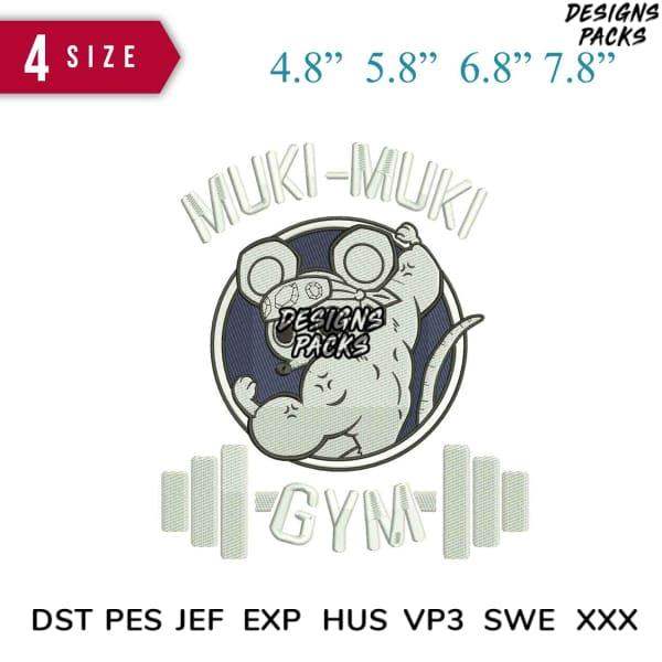 Muki-Muki Gym embroidery design in 4 sizes, compatible with DST PES JEF formats for instant download.