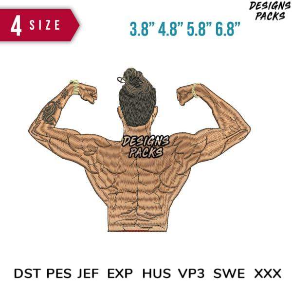 Muscular back embroidery design with size options for DTF, DTG, and tumbler wraps