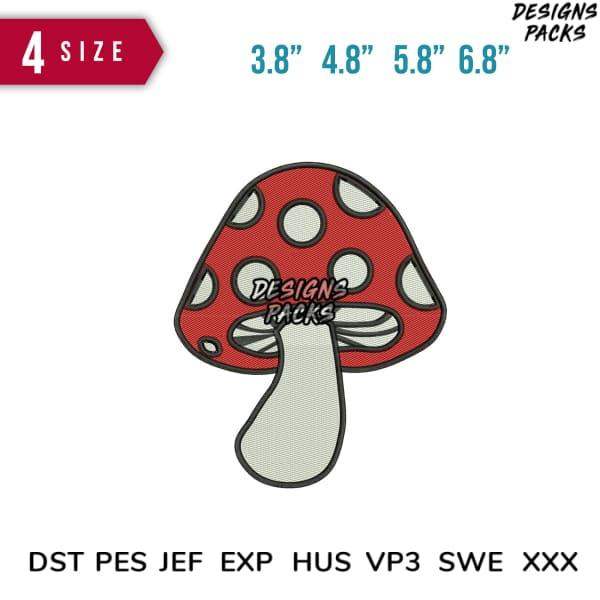 Red polka dot mushroom embroidery design in 4 sizes, compatible with DST PES JEF formats