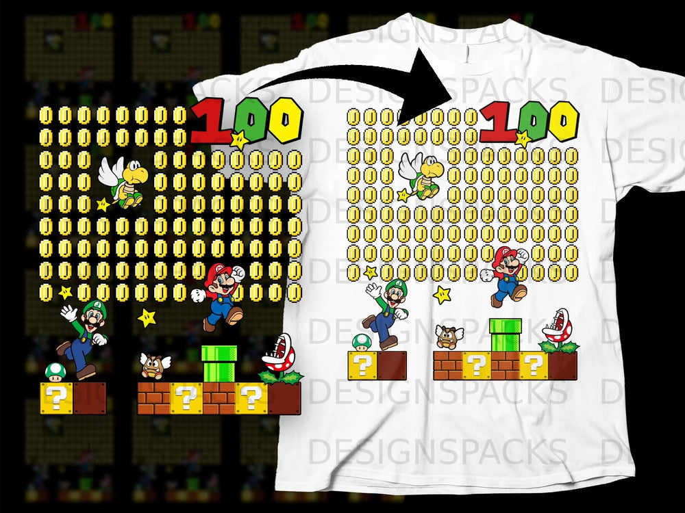 Mario and Luigi characters with 100 coins and game elements on a t-shirt.
