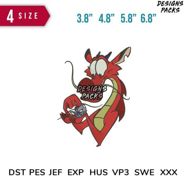 Red dragon embroidery design with 4 sizes, print-ready formats for DTG, DTF, and tumbler wraps