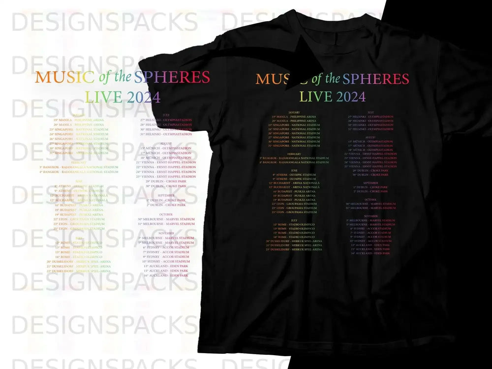 "Music of the Spheres" Live 2024 tour dates and locations on t-shirts.