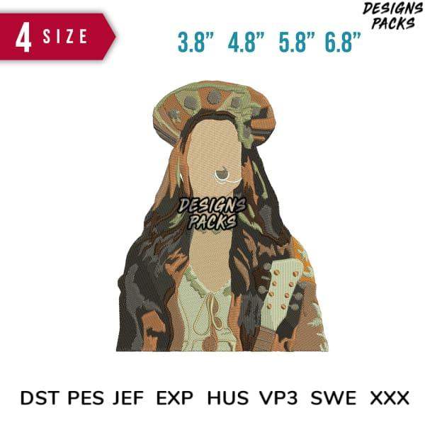 Embroidery design of woman with guitar, 4 sizes, DST PES JEF formats, print-ready for DTG/DTF