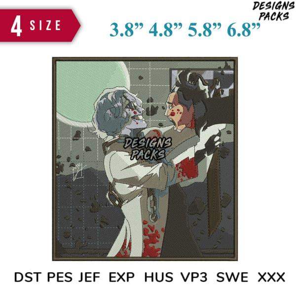 Embroidery design featuring zombie couple in romantic pose, available in multiple sizes and formats