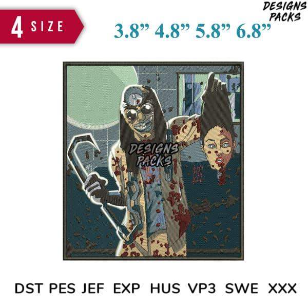 Zombie doctor embroidery design with blood splatters, available in multiple sizes and formats