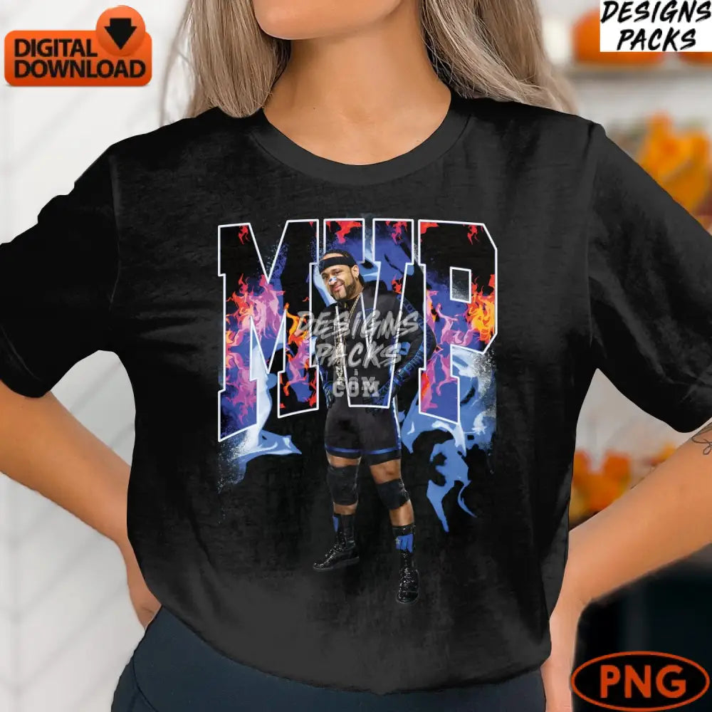 Mvp Wrestler Digital Art Fiery Blue Flames Sports Illustration Instant Download Png