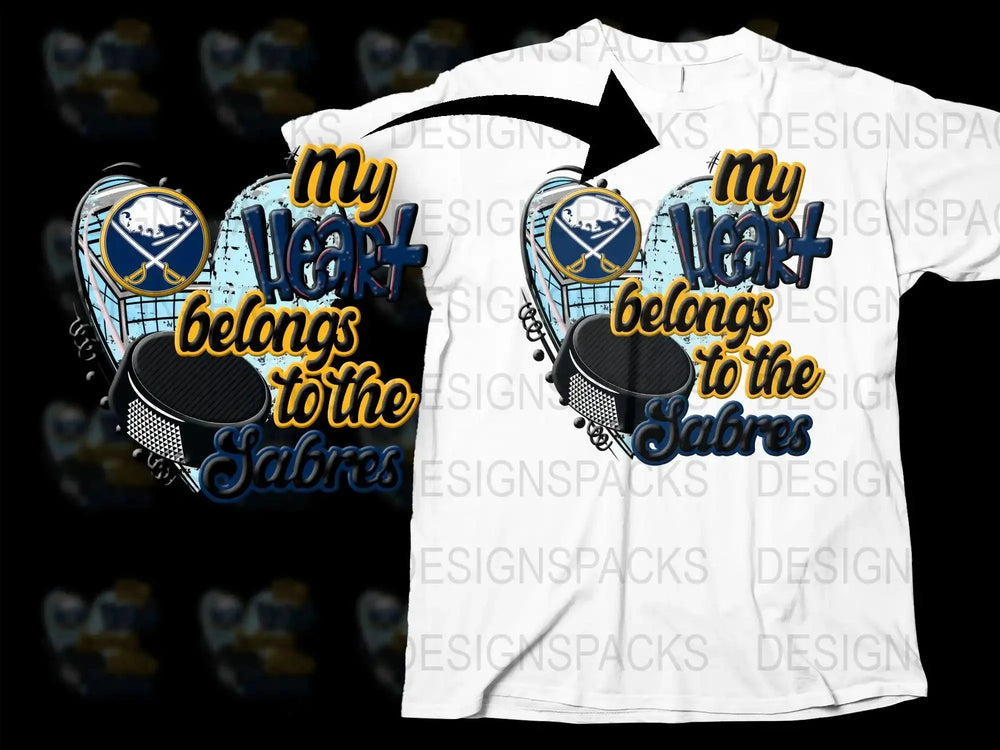 My Heart Belongs to the Sabres hockey design on white t-shirt, DTF/DTG print-ready graphic