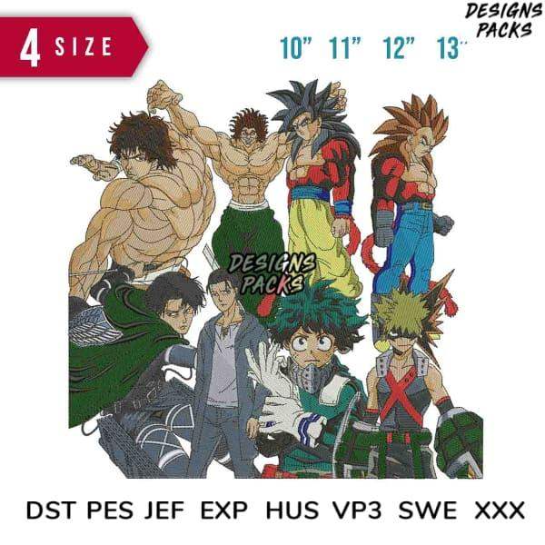 Anime character embroidery designs in DST PES formats for 10-13 inch sizes