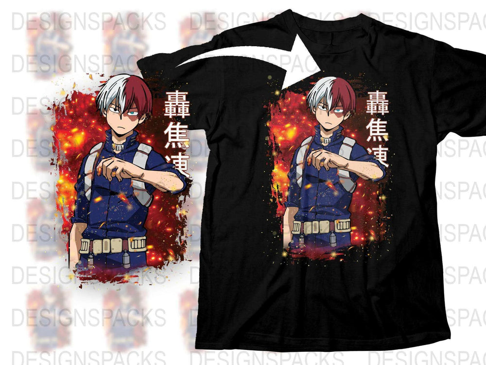 Anime Graphic T-Shirt, Red Hair Character, Fire Effect, Japanese Text, Trendy Unisex Black Tee