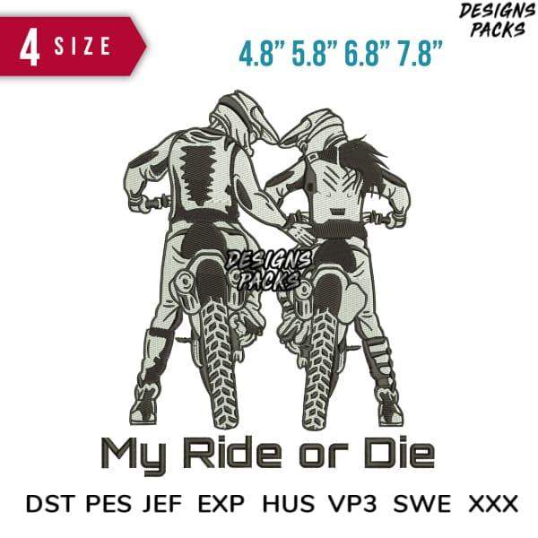 Motorcycle rider design for embroidery, DTF, DTG with 'My Ride or Die' text in multiple sizes
