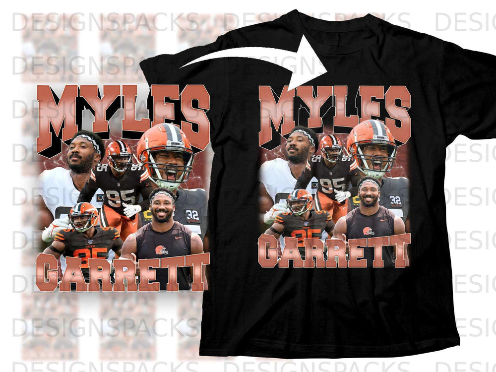 Myles Garrett Cleveland Browns football player graphic on black t-shirt.