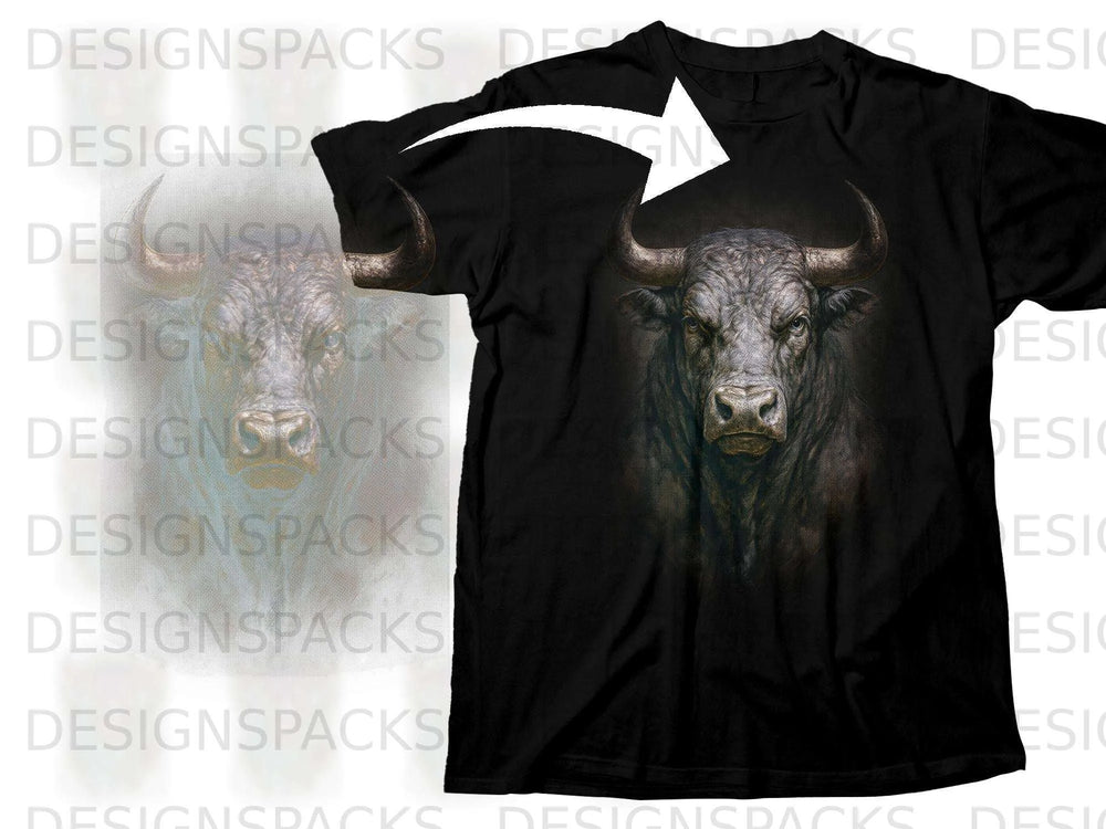 Black t-shirt with a fierce bull's head graphic design on the front.