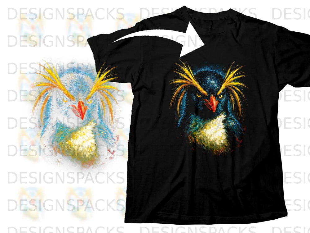 Black t-shirt with a close-up illustration of a colorful rockhopper penguin's head.