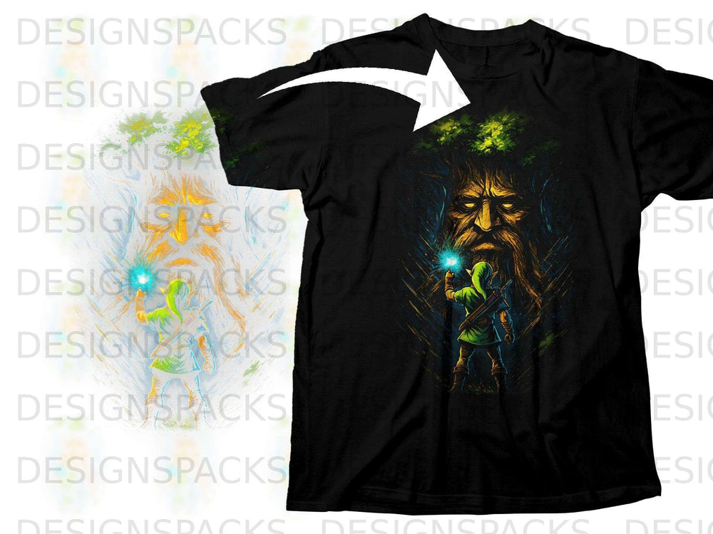 Link from The Legend of Zelda holds a glowing orb in a dark forest with an ancient tree face.
