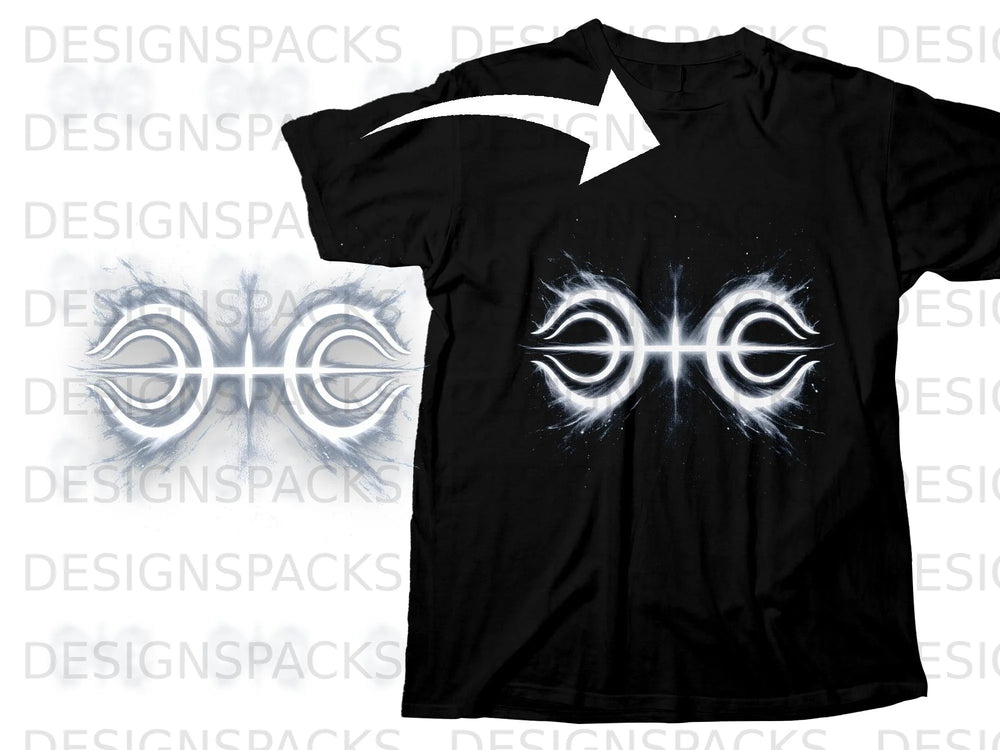 Black t-shirt with a white symmetrical alien-like symbol and a white arrow overlay.