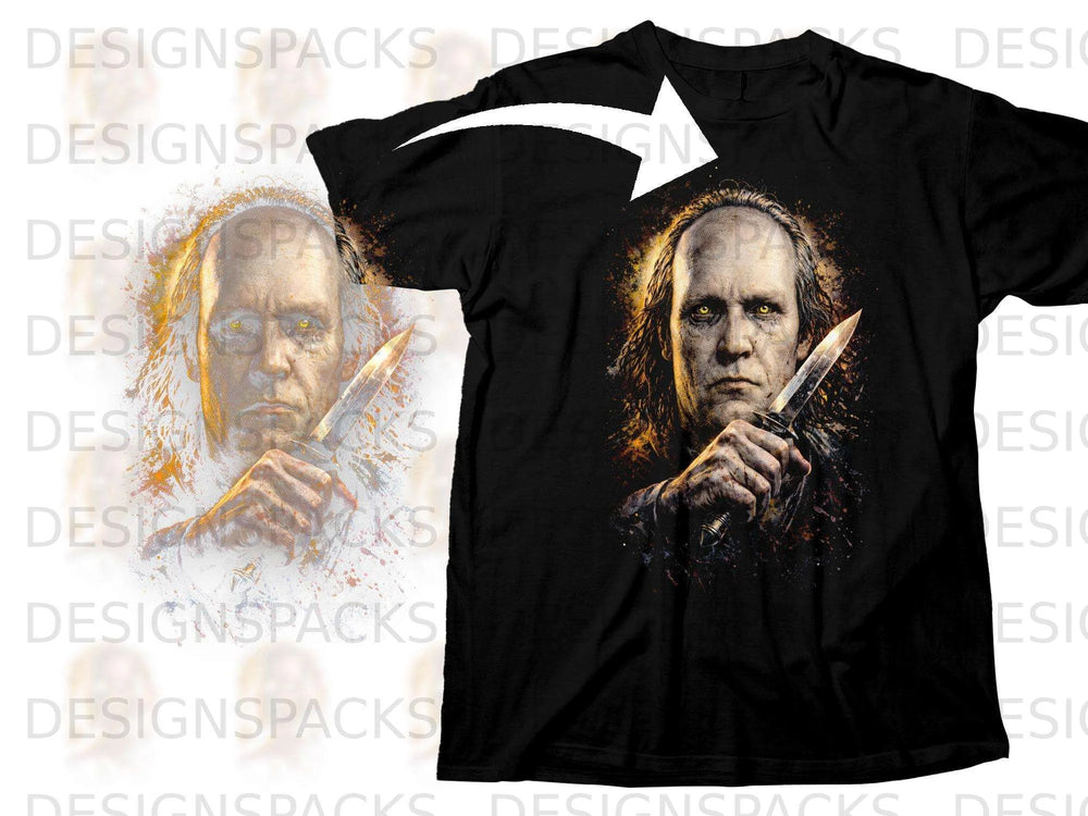 Black t-shirt with a grim man holding a dagger printed on the front.