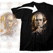 Black t-shirt with a grim man holding a dagger printed on the front.