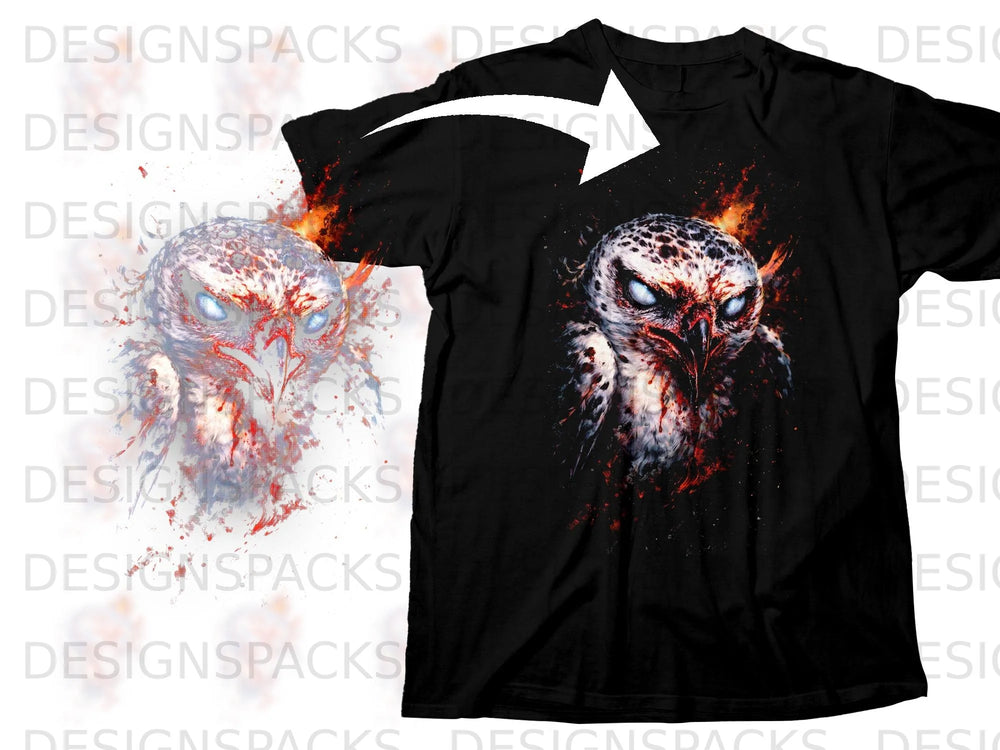 Black t-shirt with a fierce, fiery owl graphic on the front.
