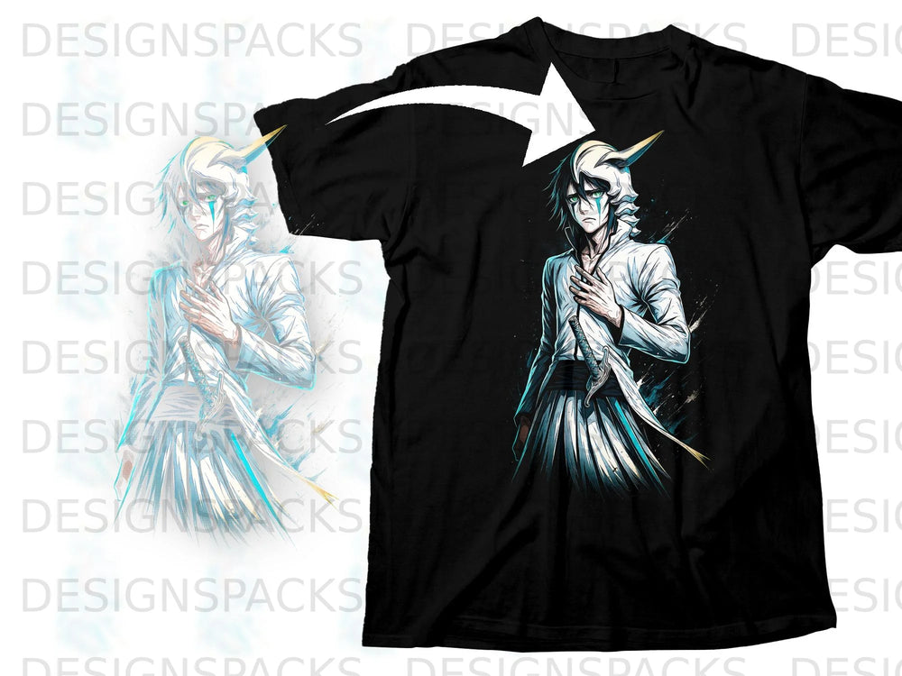 Black t-shirt featuring an anime character with white hair and green eyes.