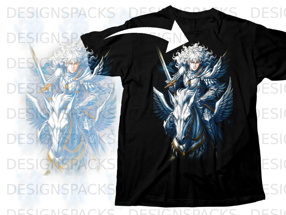 Black t-shirt featuring Griffith on a winged horse with a sword.