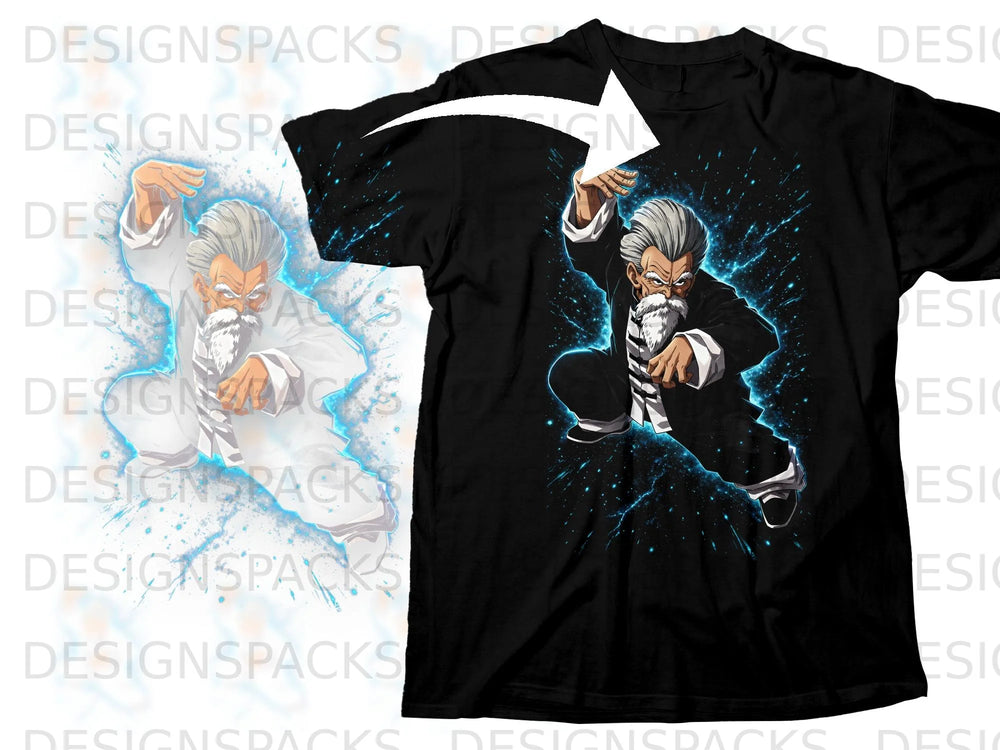 Black t-shirt with an anime character in a martial arts pose, surrounded by blue energy.