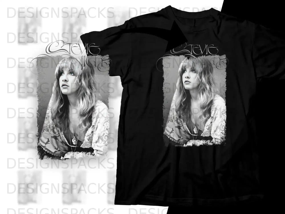 Black t-shirt with Stevie Nicks portrait graphic in a square frame.