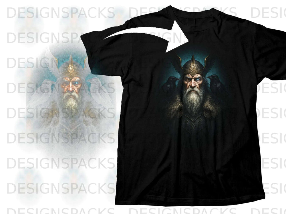 Black t-shirt with graphic of an ancient warrior with glowing eyes and ravens.