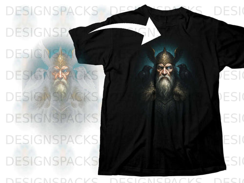 Black t-shirt with graphic of an ancient warrior with glowing eyes and ravens.
