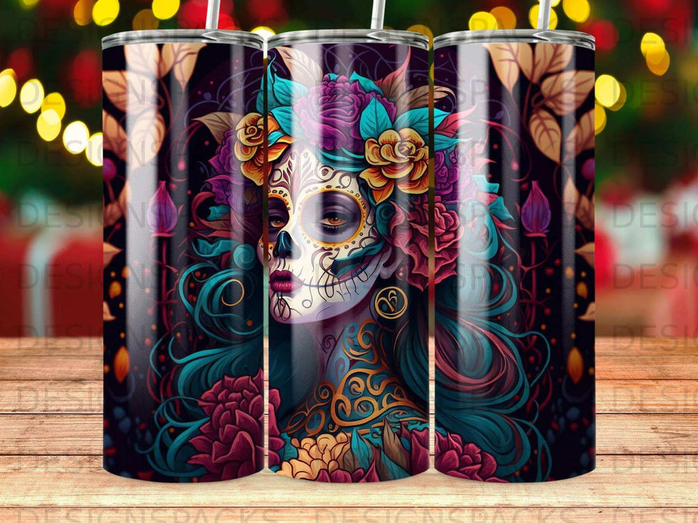 Mystic Rose Sugar Skull Tumbler Digital Wrap Design