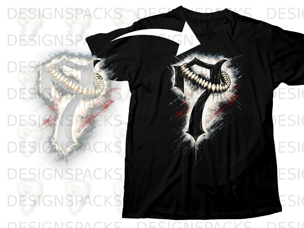 Black t-shirt with a stylized graphic of the number 7 with teeth.